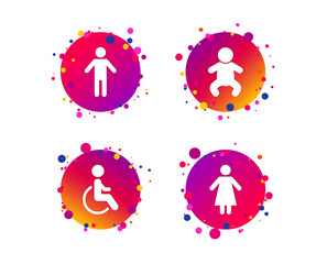 WC toilet icons. Human male or female signs. Baby infant or toddler. Disabled handicapped invalid symbol. Gradient circle buttons with icons. Random dots design. Vector