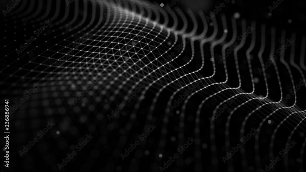 Poster wave with connecting dots and lines on dark background. wave of dots lines and triangles.