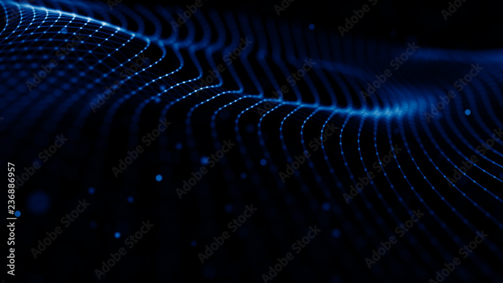 Poster wave with connecting dots and lines on dark background. wave of dots lines and triangles.