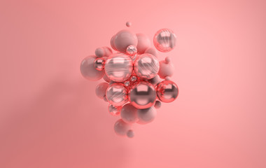 3d rendering of floating polished pink, rose gold and marble spheres on pink background. Abstract geometric composition. Group of balls in pastel colors with soft shadows