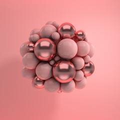 3d rendering of floating polished pink and rose gold spheres on pink background. Abstract geometric composition. Group of balls in pastel colors with soft shadows