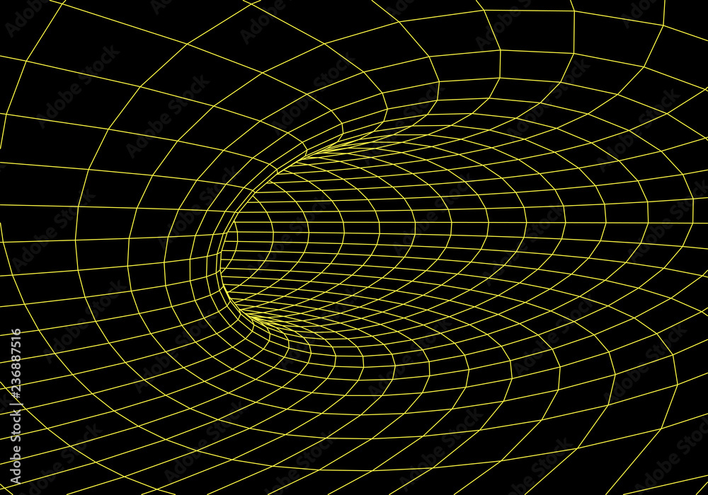 Poster tunnel or wormhole. digital 3d wireframe tunnel. 3d tunnel grid. network cyber technology. surrealis