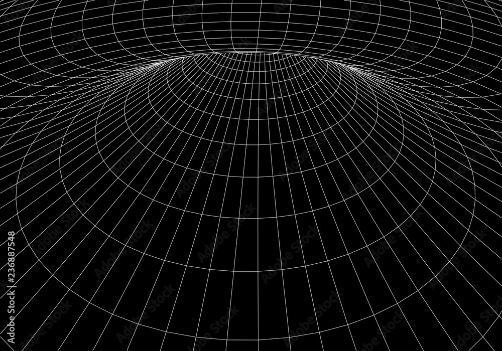 Poster tunnel or wormhole. digital 3d wireframe tunnel. 3d tunnel grid. network cyber technology. surrealis
