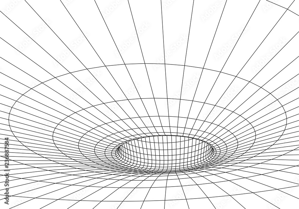Poster tunnel or wormhole. digital 3d wireframe tunnel. 3d tunnel grid. network cyber technology. surrealis