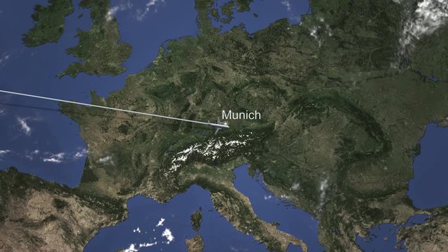 Route of a commercial plane flying to Munich, Germany on the map. Intro 3D animation 