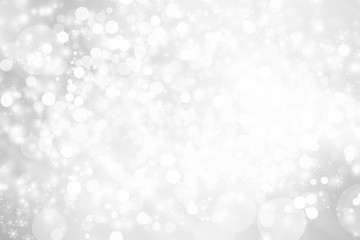 Naklejka na ściany i meble white snow blur abstract background. Bokeh Christmas blurred beautiful shiny Christmas lights. white and gray winter backdrop.