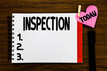 Conceptual hand writing showing Inspection. Business photo text Careful examination or scrutiny Investigation Review Evaluation Open notebook page markers holding paper heart wooden background