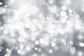 white snow blur abstract background. Bokeh Christmas blurred beautiful shiny Christmas lights. white and gray winter backdrop.