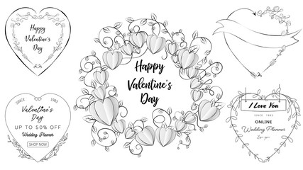 Doodle heart banners set of Valentine and Wedding elements