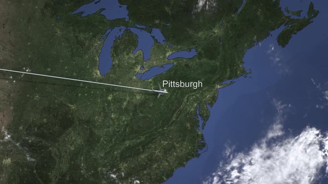Route of a commercial plane flying to Pittsburgh, United states on the map. Intro 3D animation 