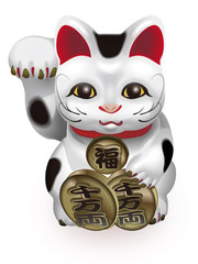 ブチ模様の招き猫　右手招き