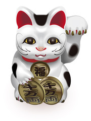 ブチ模様の招き猫　左手招き