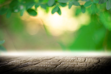 empty wooden on blurred nature backdrop. Wood table top. can used for display or montage your...