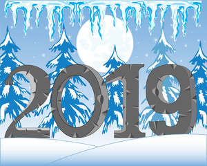 Holiday new year 2019 on background winter wood