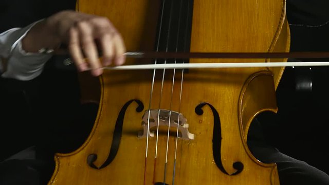 Woman plays the cello professionally classic music. Black smoke background. Close up