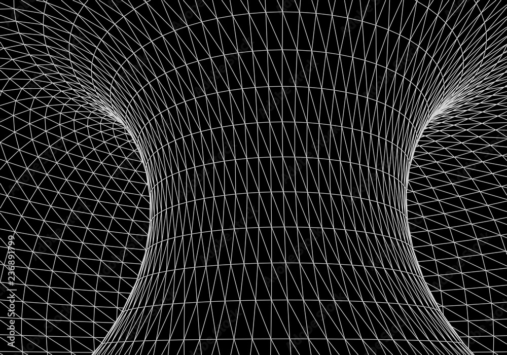 Poster tunnel or wormhole. digital 3d wireframe tunnel. 3d tunnel grid. network cyber technology. surrealis