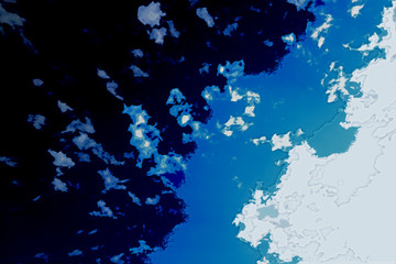 White and blue  background texture. Abstract map with north shoreline, sea, ocean, ice, mountains, clouds. View from height of the bird's flight. The surface of fantasy planet.