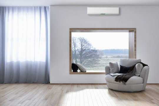 modern bright interiors Living room with air conditioning illustration 3D rendering computer generated image
