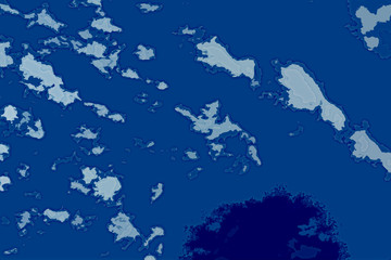 White and blue background texture. Abstract map with north shoreline, sea, ocean, ice, mountains, clouds. The surface of fantasy planet. Bird's-eye view.