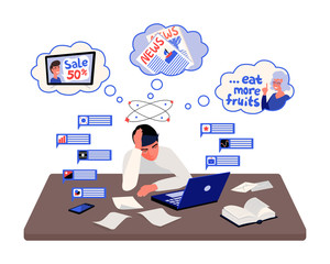 Stressed man surrounded by notifications and thoughts. Infobesity vector - 236892597