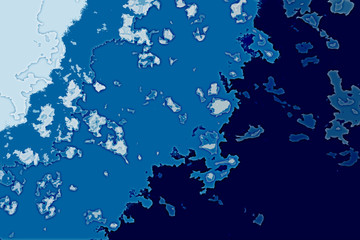 White and blue  background texture. Abstract map with north shoreline, sea, ocean, ice, mountains, clouds. View from height of the bird's flight. The surface of fantasy planet.