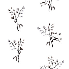 Seamless watercolor black and white pattern with delicate branches  wiith cherry flowers.