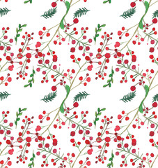 Christmas Watercolor beautiful berries seamless pattern. Holidays decorative prints for textile, paper, cards etc.