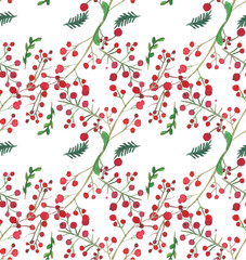 Christmas Watercolor beautiful berries seamless pattern. Holidays decorative prints for textile, paper, cards etc.