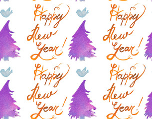 Happy New Year copy watercolor seamless pattern. Holiday lettering. Christmas winter theme for textile, prints, paper, etc