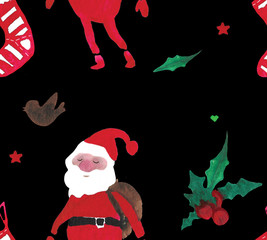 Christmas Watercolor beautiful seamless pattern with Santa Claus, berries, stars, socks and birds. Happy New Year decor. Holidays decorative prints for textile, paper, cards etc.