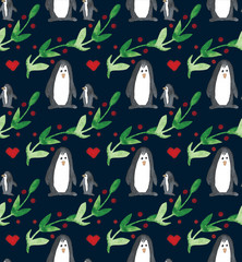 Watercolor beautiful seamless pattern with penguins, hearts, berries and leafs. Celebrate decor. Holidays decorative prints for textile, paper, cards etc