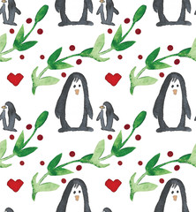 Watercolor beautiful seamless pattern with penguins, hearts, berries and leafs. Celebrate decor. Holidays decorative prints for textile, paper, cards etc