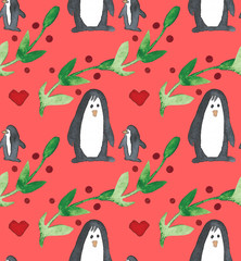Watercolor beautiful seamless pattern with penguins, hearts, berries and leafs. Celebrate decor. Holidays decorative prints for textile, paper, cards etc