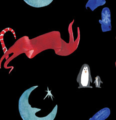 Christmas Watercolor beautiful seamless pattern with penguins, candy, moon and mittens. Happy New Year copy. Holidays decorative prints for textile, paper, cards etc.