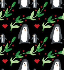 Watercolor beautiful seamless pattern with penguins, hearts, berries and leafs. Celebrate decor. Holidays decorative prints for textile, paper, cards etc