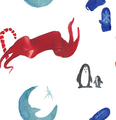 Christmas Watercolor beautiful seamless pattern with penguins, candy, moon and mittens. Happy New Year copy. Holidays decorative prints for textile, paper, cards etc.