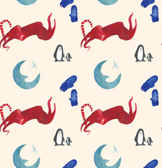 Christmas Watercolor beautiful seamless pattern with penguins, candy, moon and mittens. Happy New Year copy. Holidays decorative prints for textile, paper, cards etc.