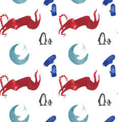Christmas Watercolor beautiful seamless pattern with penguins, candy, moon and mittens. Happy New Year copy. Holidays decorative prints for textile, paper, cards etc.