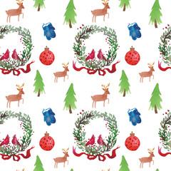 Christmas Watercolor beautiful seamless pattern with wreath, deer, ribbons, mittens and tree. Happy New Year decor. Holidays decorative prints for textile, paper, cards etc