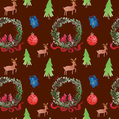 Christmas Watercolor beautiful seamless pattern with wreath, deer, ribbons, mittens and tree. Happy New Year decor. Holidays decorative prints for textile, paper, cards etc