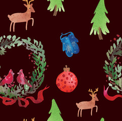 Christmas Watercolor beautiful seamless pattern with wreath, deer, ribbons, mittens and tree. Happy New Year decor. Holidays decorative prints for textile, paper, cards etc