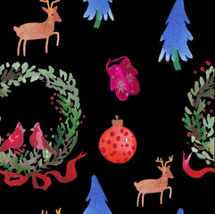 Christmas Watercolor beautiful seamless pattern with wreath, deer, ribbons, mittens and tree. Happy New Year decor. Holidays decorative prints for textile, paper, cards etc
