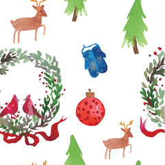 Christmas Watercolor beautiful seamless pattern with wreath, deer, ribbons, mittens and tree. Happy New Year decor. Holidays decorative prints for textile, paper, cards etc
