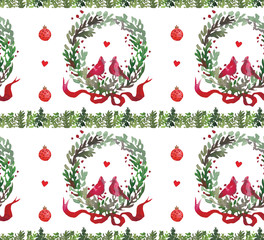 Christmas Watercolor beautiful seamless pattern with wreath, birds, ribbons and balls. Happy New Year decor. Holidays decorative prints for textile, paper, cards etc