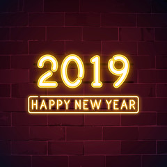Yellow 2019 happy new year neon sign vector