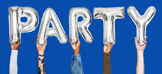 Hands showing party balloons word