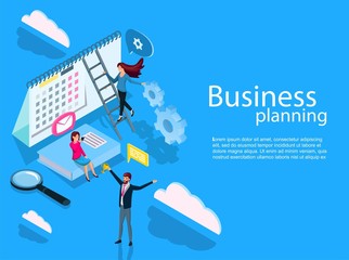 Flat isometric business coomunication planning schedule concept banner with characters. Can use for web banner, infographics, hero images.vector illustration isolated on white background.