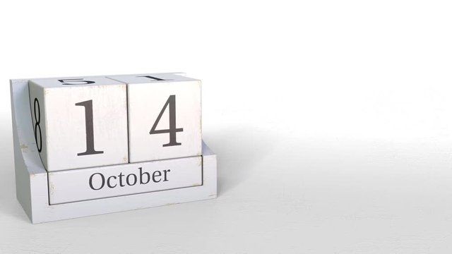 Cube calendar shows October 14 date. 3D animation