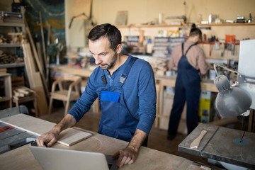 High angle portrait of mature worker using laptop in modern joinery, copy space