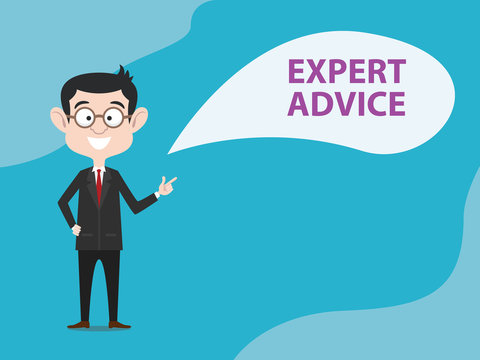 expert advice with business man standing and text banner bubble speech vector